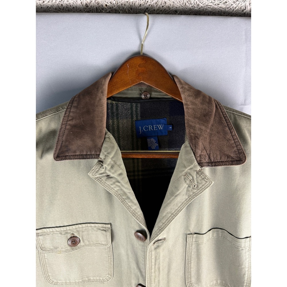 J.Crew Mens Barn Jacket Olive Green Canvas Plaid Lined Field Coat S - Picture 2 of 12